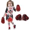 Cheerleader Zombie Bambina, Sanguinoso Costume Cheerleader Halloween, Vestito Zombie Bambina con Pom poms Fascia da Capelli Calzini Cicatrici Tatuaggio Sangue Falso, Cheer-leader Zom-bie per Party