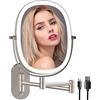 FUNTOUCH Specchio cosmetico ricaricabile con illuminazione LED di ingrandimento 1X/7X, specchio da barba dimmerabile, 3 colori, girevole a 360°, specchio da parete per bagno e hotel