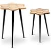 DRW Set di 2 tavoli con Forma Esagonale in Legno e Metallo in Naturale e Nero, 40x40x55cm y 35x35x50cm