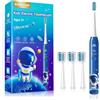 DADA-TECH Spazzolino Elettrico Bambini 3-6-12-18 Anni Spazzolino Elettrico Bambina Bambino Bimbo Con Timer Luci LED Arcobaleno E 4 Testine (Astronauta Blu)
