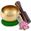 Avanda Set di ciotole tibetane per yoga, meditazione e rilassamento - Ciotola tibetana martellata Ø 8 cm, mazzuolo in legno di mango e cuscino ad anello giallo verde