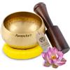 Avanda Set di ciotole tibetane per yoga, meditazione e rilassamento - Ciotola tibetana martellata Ø 10 cm, mazzuolo in legno di mango e cuscino ad anello giallo