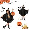 May Huang Costume Strega di Halloween per Bambini - Mantello Pipistrello, Zucca Candy Bag, Cappello - Festa Halloween (Nero)