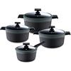 MasterPro Gastro Reeco | 8-teiliges Set | 3 Pfannen von 20, 24 und 28 cm und 16 cm Stielkasserolle mit Deckel | Heatdot |Aluminiumguss Recycled |Antihaftbeschichtung |Für alle Herdarten