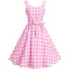 IMEKIS Abito da donna anni '50, rockabilly, senza maniche, con allacciatura al collo, a quadretti, vintage, linea A, stile retrò, per matrimoni e feste, rosa - scacchi, XL