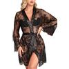 ohyeahlady Kimono Pigiama Donna Pizzo Trasparente Taglie Forti Vestaglia Curvy Sensuale Camicia da Notte Sexy Donna Hot Manica Lunga Abito Corto Morbido Nightdress Con G-String e Cintura(Nero,XL-XXL)