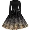 JokeLomple Vestito Natalizio da Donna - con Fiocco a Farfalla a Maniche Lunghe con Vintage Natale Stampa Morbido e Confortevole Abiti Lunghi Anni '50 Abiti Cocktail Dance Party