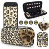 DLseego Custodia Trasporto Compatibile con Switch OLED,Stampa Leopardo Custodia Portatile Rigida Guscio Silicone Protettiva Cover,Tappi l'impugnatura Pollice e Charm a Forma Cuore in Peluche,Marrone