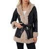 FeMereina Giacca da donna in finta pelle cappotto corto parka con collo di pelliccia aperto davanti colletto in peluche caldo cardigan con cintura Outwear, Nero , S