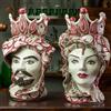 CERAMICHE CALTAGIRONE Testa di moro in Ceramica Siciliana di Caltagirone Concordia Decoro Rosa Antico Donna-Uomo H. 48 cm