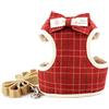 Zunea Set di pettorina e guinzaglio per cani di piccola taglia, regolabile, con fiocco, in tartan, a prova di fuga, per passeggiate in morbida rete imbottita, a quadri, per chihuahua, cane, rosso, S