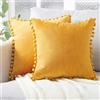 Topfinel Federe Cuscini per Divano Copricuscini Arredi Morbidi di Velluto con Pom Poms in Tinta Unita Cuscino Eleganti e Moderni per Casa Camera da Letto Salotto,2 Pezzi,40x40CM,Giallo