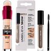 Maybelline New York Cancella Età Correttore Liquido Multiuso Anti-Age con Spugnetta Nuance 02 Nude + Unbelievabrow Gel Sopracciglia Waterproof a Lunga Tenuta No-Transfer Colore 104 Chatain