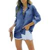 Feziakuk Camicia da donna in jeans a maniche lunghe, morbida, in denim, casual, per primavera, autunno, con tasche sul petto, Azzurro, XL