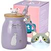 SHENDONG Tazza di gatto carino Tazza da caffè in ceramica con coperchio e cucchiaio in legno Kawaii Tazza del mattino della novità Tazze da tè al latte e caffè Tazze per gatti per amanti dei gatti Donne viola