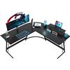 JUMMICO Scrivania angolare 130 x 130 x 75 cm, scrivania da gioco con supporto per monitor, scrivania a forma di L, grande tavolo angolare in policarbonato, nero lucido