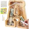 Lakpopya Salvadanaio Grande in Legno, Salvadanaio Personalizzato con Lettere A-Z, Area Obiettivo e Vano Trasparente per Banconote, Regalo Creativo per Bambini e Adulti (A)