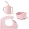 Ergobaby Set di stoviglie Basic per neonati e bambini a partire da 6 mesi, set pappa per bambini con tazza, ciotola e bavaglino, senza BPA, PVC e ftalati, Blush Pink