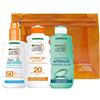 Garnier Ambre Solaire Kit Composto da Latte Solare Protettivo Adulti (SPF 20), Latte Solare Protettivo Spray Bambini (IP50+) e Latte Doposole, Con Pochette Inclusa, 200 ml+ 200 ml+ 200 ml