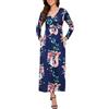 Luojida Vestiti Casual Lungo Donna Stampa Floreale Abiti da Cerimonia Curvy Maxi Abito Scollo a V Vestito Maniche Lunghe con Tasche Abito Elegante per Autunno Primavera Blu Navy XL