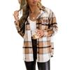 Zeagoo Giacca da donna a scacchi giacca a maniche lunghe shacket cappotto flanella camicia camicia con bottoni, marrone/bianco, S