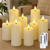 Yeelida Candele LED avorio tremolanti a batteria,Confezione da 8 candele a colonna in plastica senza fiamma con 2 telecomandi e Temporizzazione (5.3cm x 11, 14, 17cm)