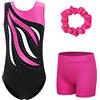 XFGIRLS Body da ginnastica per ragazze, set da 3 pezzi a maniche lunghe e senza maniche, con pantaloncini e fascia per capelli, scintillante per ginnastica e atletica, età 3-16 anni, Nero Blu _Maniche