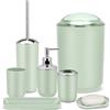 IMAVO Set di accessori da bagno - Set di 6 accessori da bagno verde con cestino, dispenser di sapone, portasapone, portaspazzolino e tazza, portascopino per WC, set di accessori per il bagno completo
