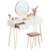 EUGAD Toeletta da Trucco con Sgabello, Tavolo Cosmetici con Specchiera e 3 Cassetti, Girevole a 360°, Mobile Moderno, per Camera da Letto, Bianco+Oro