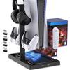 Wedorat PS5 Console Stand With Cooling Fan, Dual Controller Charger PS5 Vertical Stand Gaming Headset Stand Headphone Holder, 15-Slot Game Disc Storage Compatible with PS5 DE & UHD Edition
