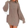 IQYU Maglione lungo da donna, casual, maglione invernale da donna, a collo alto, oversize, caldo, maglione invernale corto, motivo a treccia, maglione vintage da donna, marrone, L