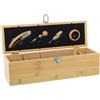 DRW Astuccio in legno per 1 bottiglia con 4 accessori di vino di emtal in naturale e cromato 9 x 34 x 8,5 cm