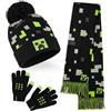 Minecraft Berretto Invernale Bambino Set con Cappello e Guanti o Cappellino, Guanti con Sciarpa, Creeper Regalo Ragazzo (6-14 Anni, Verde/Rosso Minecraft, 3 Pezzi)