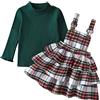 Geagodelia Completo Natalizio per Bambina 2 Pezzi Abito Neonata di Natale Top a Manica Lunga in Tinta Unita + Set di Vestiti con Bretelle a Quadri Vestito per Bambini Natale (Verde, 4-5 Anni)