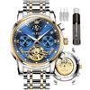 OLEVS Mens Automatic Watches Skeleton Mechanical Self Winding Luxury Dress Wrist Watch Moon Phase Day Date Waterproof Luminous Two Tone Watches Gifts