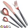 HOMQUEN Set di posate 24 pezzi Rivestimento in oro rosa con manico nero Mars, acciaio inossidabile, rame, titanio, placcatura, coltelli, cucchiai, forchette, posate, set, utensili, set, posate, servizio,per 6