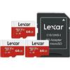 Lexar Micro SD 64 GB, Scheda Micro SD fino a 100 MB/sec(R), Scheda di Memoria microSDXC con Adattatore SD, A1, U3, C10, V30, Micro SD Card Confezione da 3