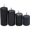 Dekohelden24 Candele a pilastro, candele dell'Avvento, candele a corona dell'Avvento, in nero, 4 misure, altezza 5-10 cm, diametro 4 cm, 250 g, durata 4 x 10 h, non profumate