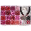 Rayher 14797264 Set Perline di Plastica Assortite in Box Trasparente, Contenuto 180 g, Varie Taglie e Forme, con Pinza e Accessori, Kit Creazione Gioielli, Rosa/Fuchsia/Rosso, 20 x 13.5 cm