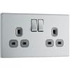 British General BG Electrical Double Switched Power Plug Wall Socket, Flatplate Screwless, Brushed Steel, Grey Inserts, 13A, FBS22G