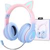 JYPS Cuffie wireless per bambini, con illuminazione a LED, per orecchie di gatto, per bambini, Bluetooth, cuffie regolabili con microfono, per adolescenti, adulti, donne, tablet blu rosa
