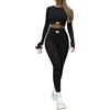 Loalirando Completo Sportivo Donna Tuta da Ginnastica 2 Pezzi Tinta Unita Crop Top Manica Lunga Collo Rotondo + Pantaloni a Vita Alta Sportwear per Yoga Corso Palestra Fitness (Nero, S)