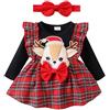 ESSECMBS Natale 2Pz Completo Elegante Bimba Vestito Natalizio Neonata Ricamo di Renne con Maniche Lunghe Neonata Abito Elegante Neonata Vestito Principessa Bambina+Fascia (Rosso, 12-18 Months)