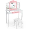 COSTWAY Toeletta Trucco 2 in 1 per Bambina Staccabile, Specchiera per Ragazza in Legno con Giocattoli, Sgabello e Cassetto, Postazione Trucco per Cameretta e Cmera da Letto, 3 Anni 70x35x104cm(Bianco)