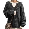 HAXNOHEY Maglione Trecce Donna Invernale Maglioni Donna Invernali Maglia Pullover Donna Scollo a V Maglione Oversize Largo Caldo Treccia Donna Manica Lunga Larghi Vintage Caldi Donna Taglie Forti Grigio 3XL