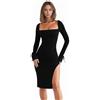 RPAEOY Vestito Donna Eleganti Manica Lunga Colletto Quadrato Ruched Senza Schienale Casuale Abito da Sera Vestito Sexy Banchetto Festa Damigella d'Onore Cerimonia Cocktail Formale (Nero,L)