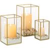 NUPTIO Uragano Portacandele in Vetro - 3 Pezzi Lanterna Oro Vetro Temperato Camino per Candele Set Esterno Quadrato Decorativo Matrimonio Natale Halloween Ornamenti Soggiorno Camino Tavolo