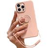 Pepmune Cover con Cordino per iPhone 15 Pro Max Custodia con 360° Regolabile Anello Supporto Ultra Sottile Antiurto Silicone Liquido Protettiva Cover con Laccio per iPhone 15 Pro Max Rosa
