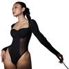 MeeQee Body da Donna a Maniche Lunghe Scollo a Collo Quadrato Bodysuit con Snap Sexy Patchwork a Rete Trasparente Sheer Mesh Jumpsuits Elasticizzato Aderente Going Out Leotard