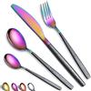 HOMQUEN Set di posate 24 pezzi Rivestimento con testa arcobaleno con manico nero Mars, acciaio inossidabile Titanio Placcatura colorata Coltelli Cucchiai Forchette Set di utensili Set di posate Servizio per 6